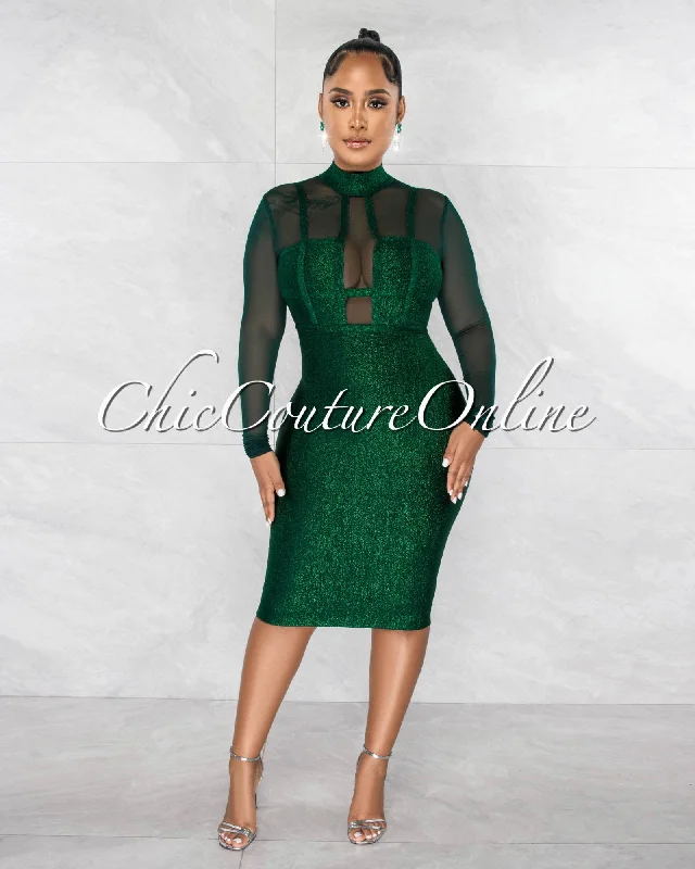 Farlane Hunter Green Shimmer Mesh Accent Bandage Dress