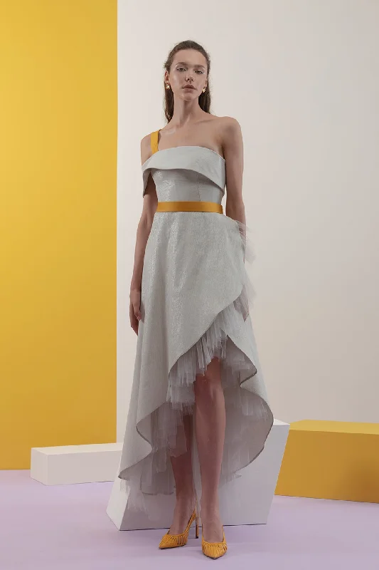 Folded neckline asymmetric ruffled dress