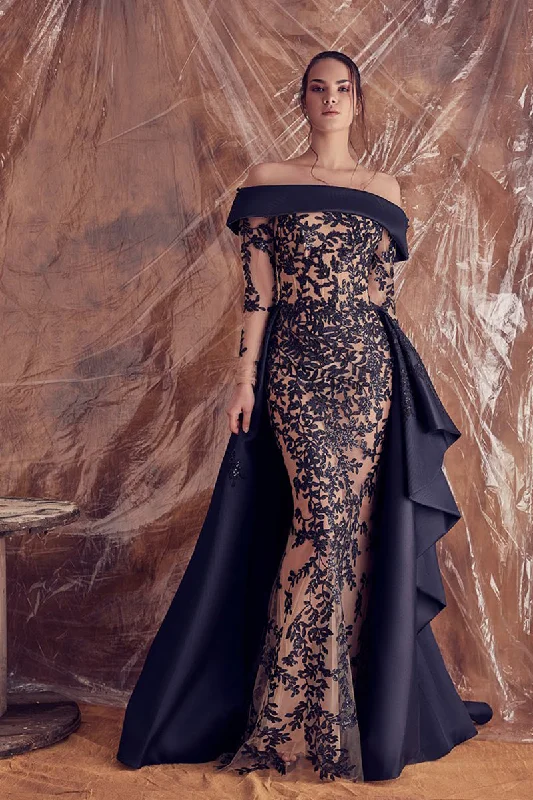 Fully embelished column dress featuring ruffled sweep train overskirt