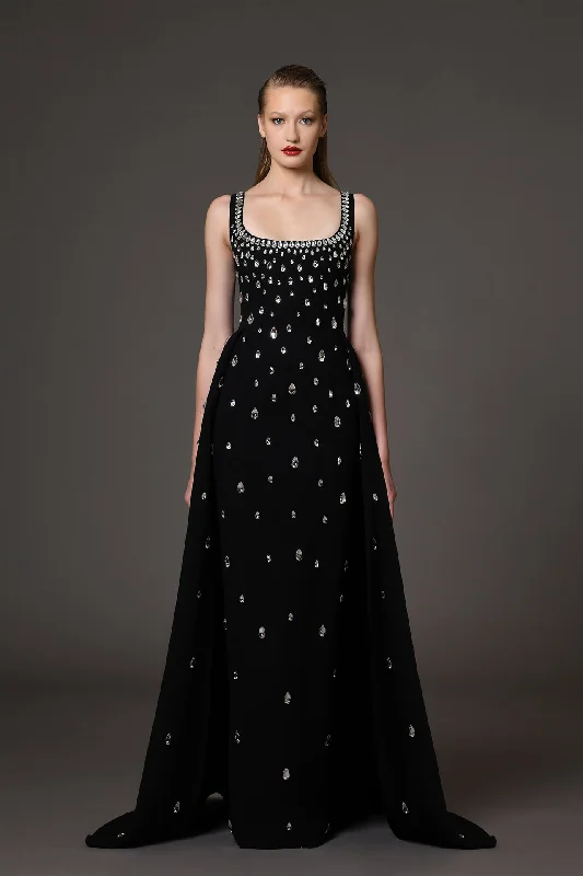 Fully embroidered crepe dress with overskirt