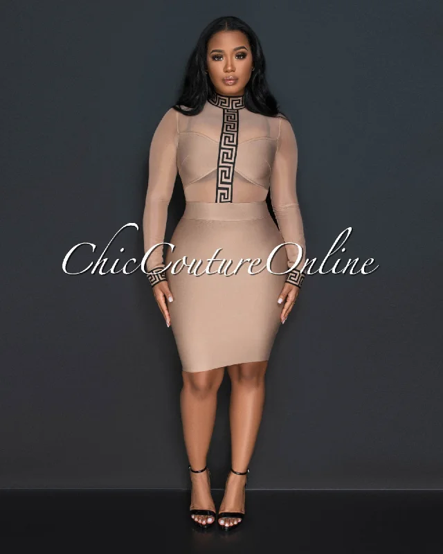 Garry Nude Black Fret Print Bandage Mesh Accent Dress