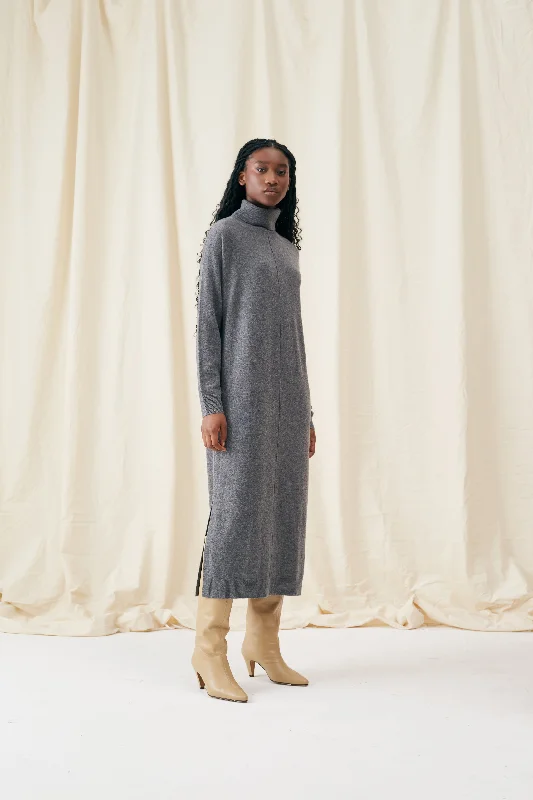 Grey Wool-Cashmere Rollneck Dress