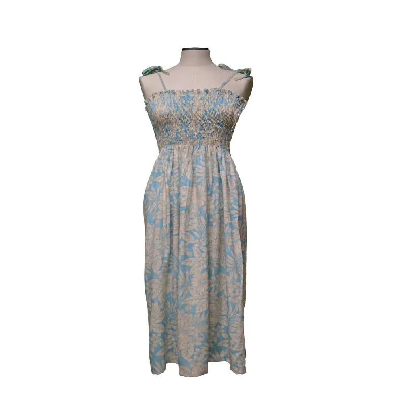 Kohala Forest Blue Smocked Hawaiian Dress