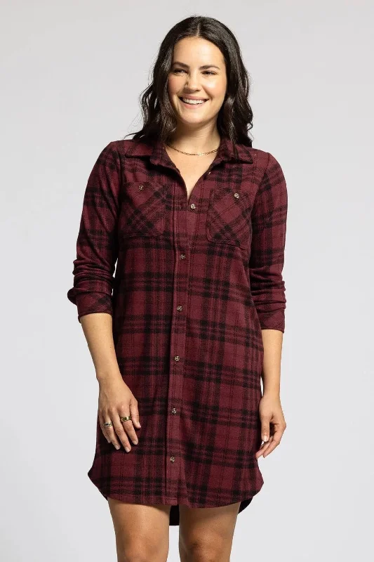 Leslie Button Down Dress - Burgundy Plaid