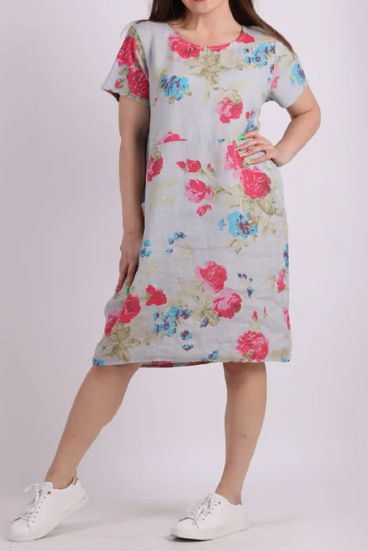 Linen Dress with Ribbed Sides, Sleeves - Silver