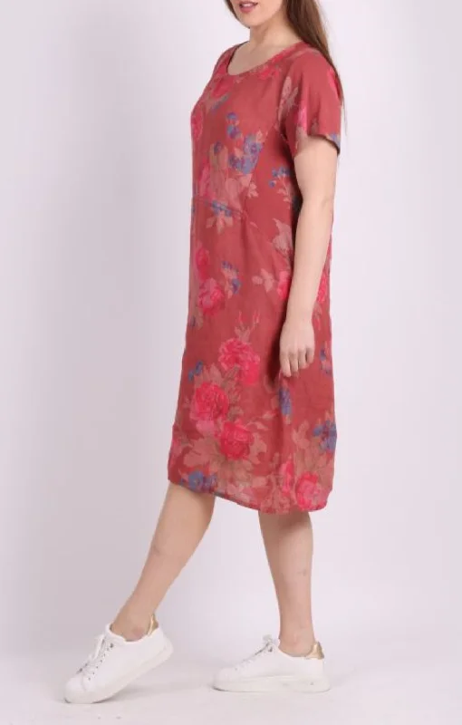 Linen Dress with Ribbed Sides, Sleeves - Rust