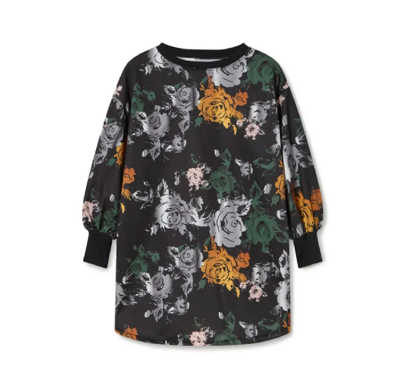 Little Creative Factory Blossom Fleece Dress - Black & Flower Print
