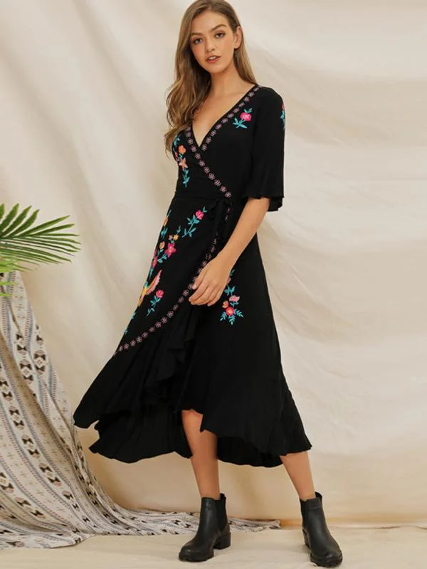 Embroidery Irregular V-Neck Patchwork Skater Dress
