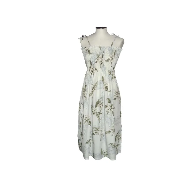 Lulumahu Orchid White Smocked Hawaiian Dress