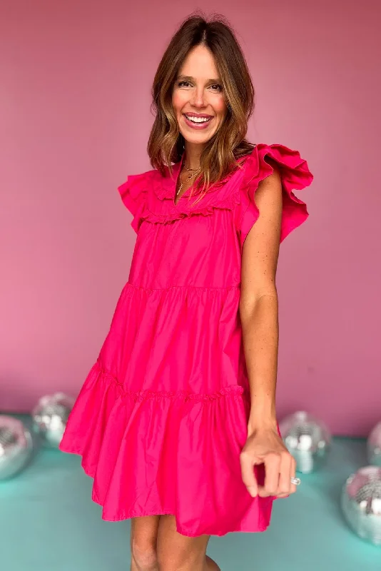 Magenta V Neck Ruffle Sleeve Tiered Dress *FINAL SALE*