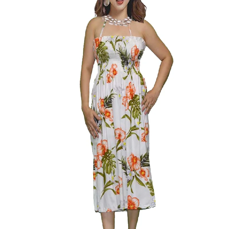 Akupu Orchid White Smocked Hawaiian Dress