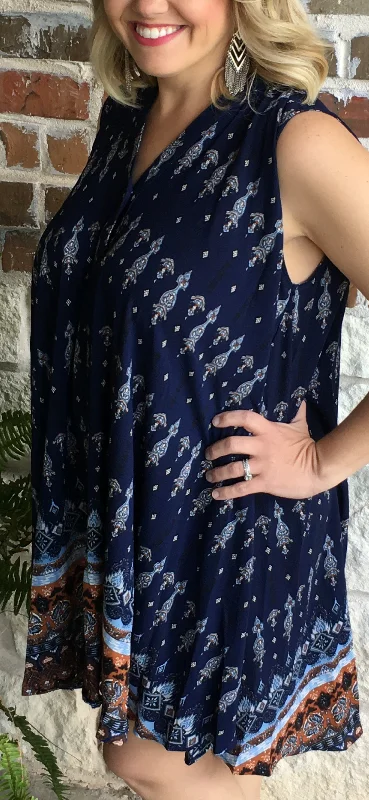 Navy and Brown Print Dress