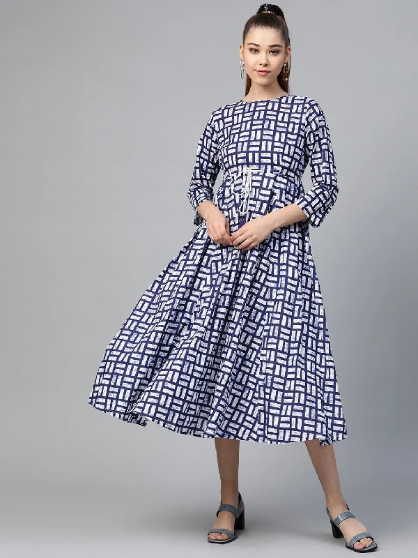 Women's Navy Geo Print Drawstring Anarkali Dress - SHAE