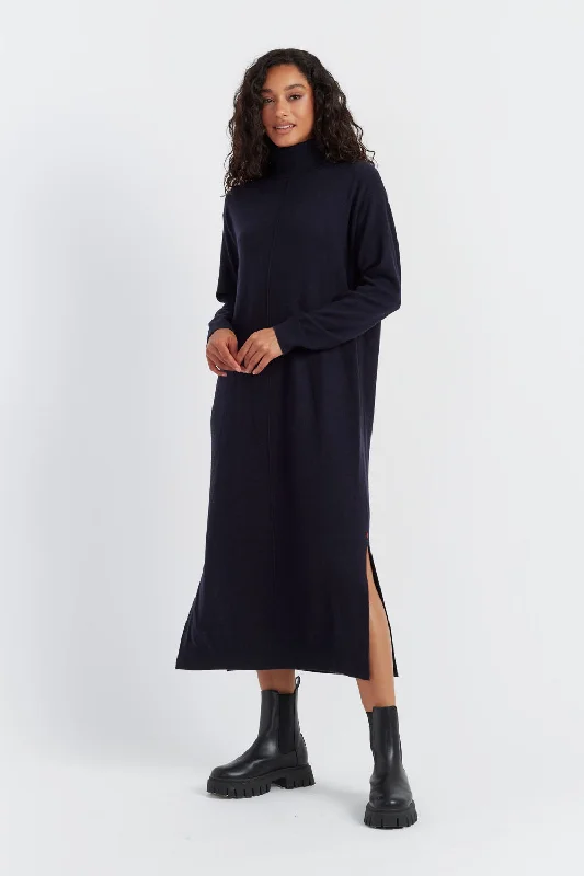 Navy Wool-Cashmere Rollneck Dress