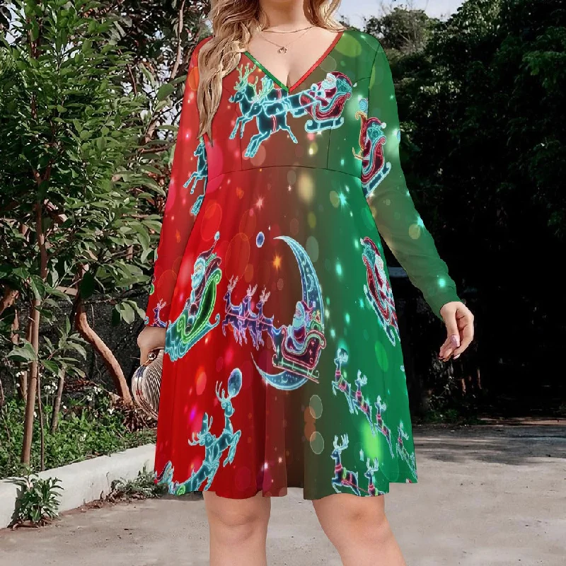 “Neon Santas in Magical Christmas Sleigh with Reindeer” Women’s Oversized V-Neck Dress  – Sizes S – 8XL