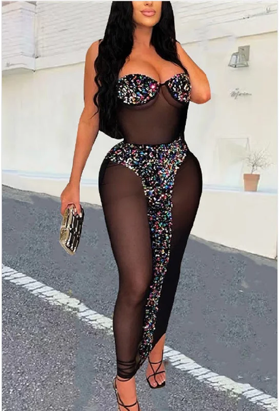 NIA MESH SEQUIN BLACK DRESS