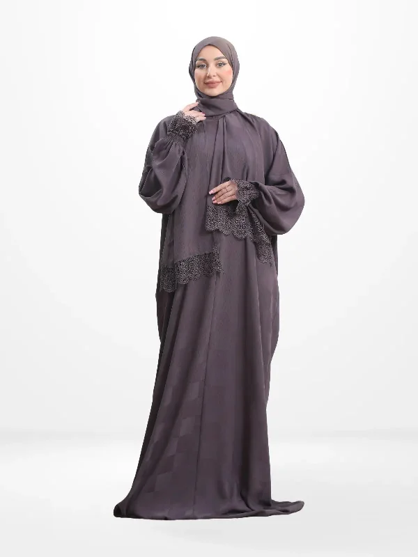 One-Piece Prayer Set Dress & Abaya with attached Hijab - Plaid Patterned Crepe