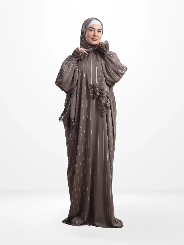 One-Piece Prayer Set Dress & Abaya with attached Hijab - Striped Crepe