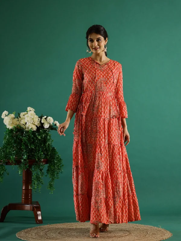 Orange Printed Round Neck Dress for Women