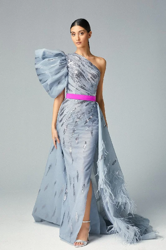 Oversized bow sleeve sequined gown