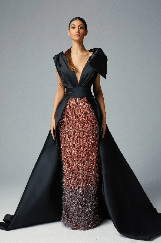 Plunging neckline hairy gown