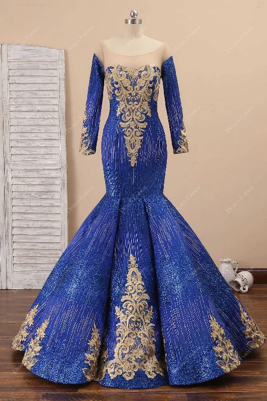Royal Blue Glitter Gold Lace Dramatic Trumpet Prom Dress
