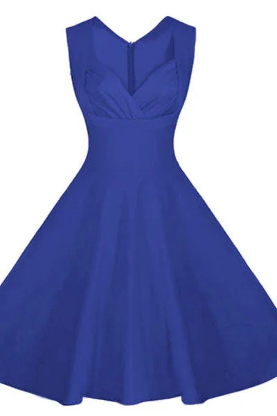 Royal Blue Sweetheart Neck Retro Collared Skater Dress