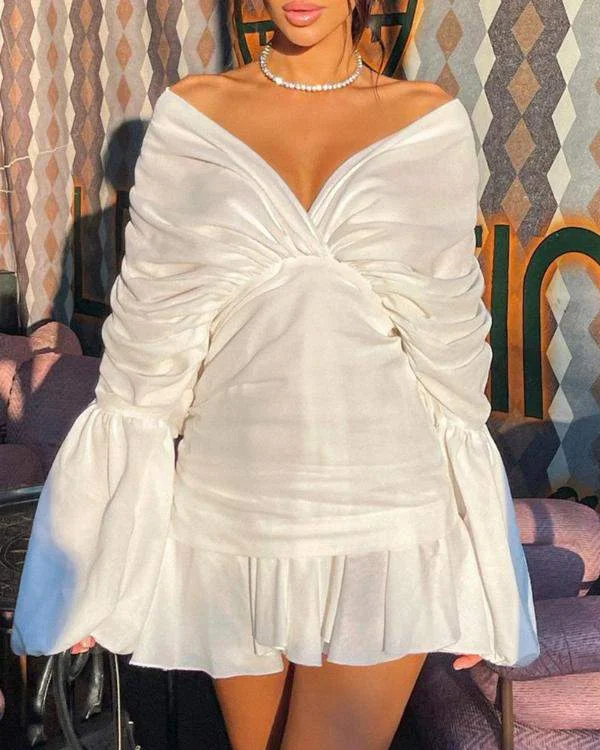 Ruched Bell Sleeve VNeck Casual Dress
