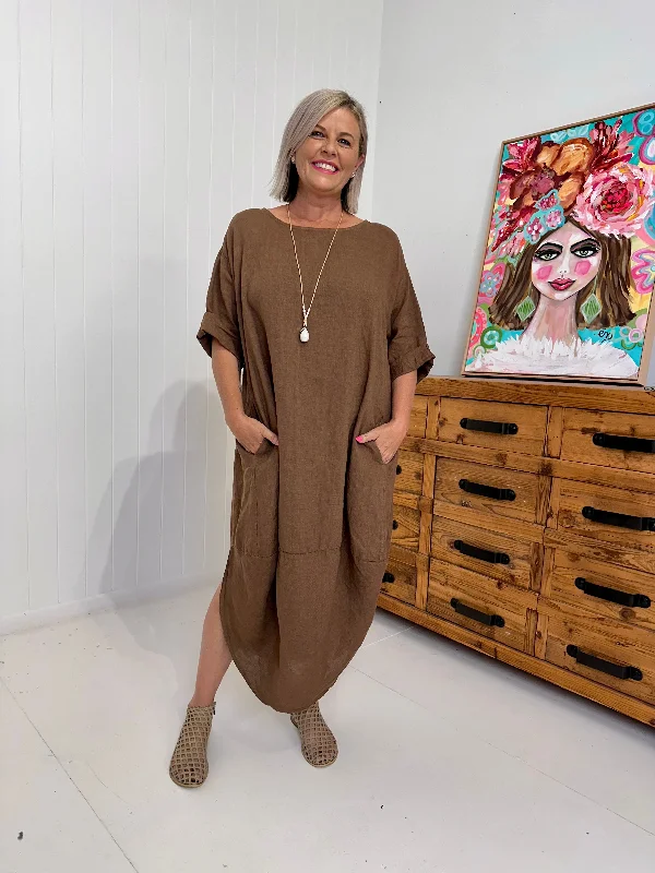 SCALLOP DRESS TOBACCO
