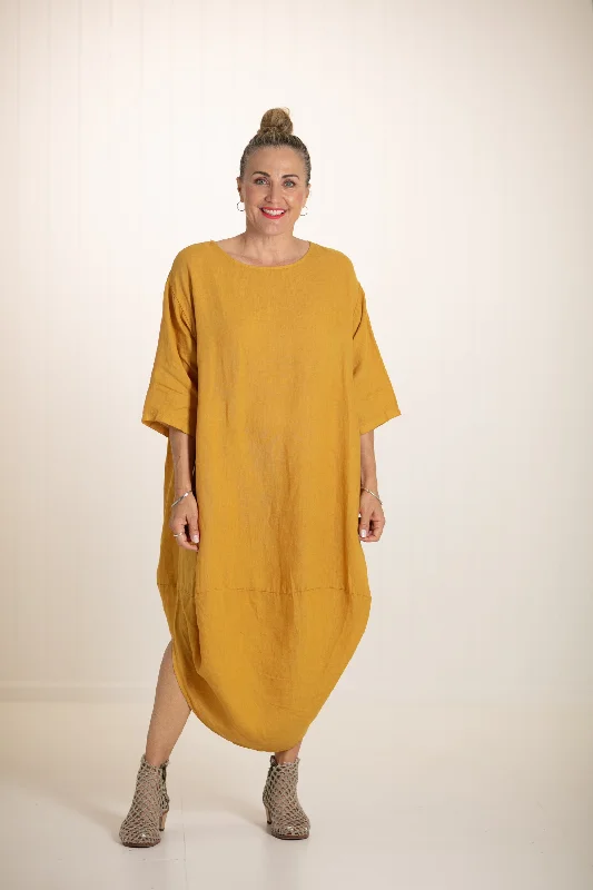 SCALLOP DRESS MUSTARD