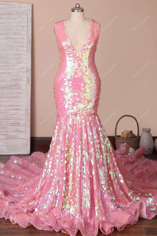 Sparkly Pink Big Sequin Plunging Neck Dramatic Mermaid Prom Dress