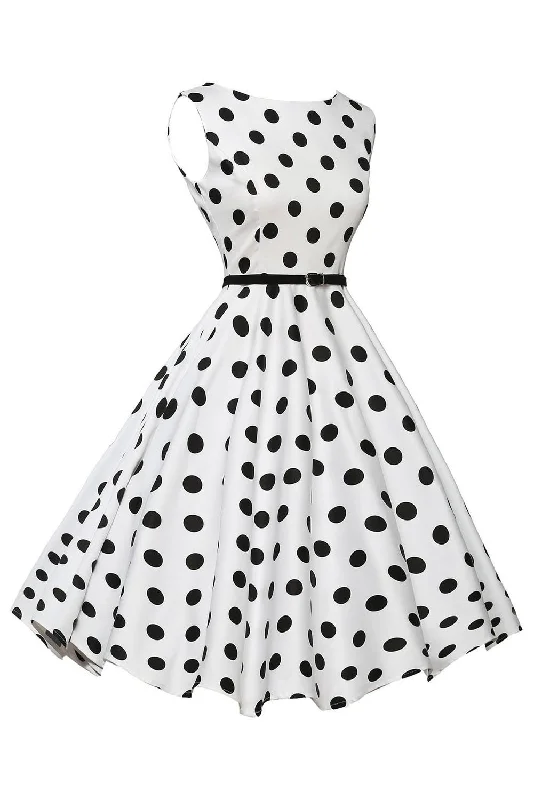 Stylish 50's Retro Black Polka Dot Swing Dress in White