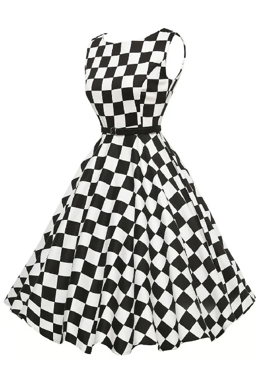 Stylish 50's Retro Black White Plain Swing Dress