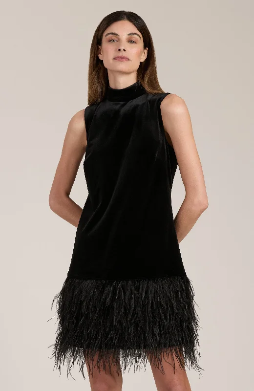 Victoria Velvet Feather Dress - Black