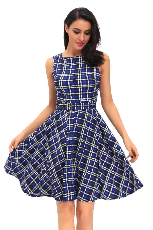 Vintage Check Print Swing Dress in Blue