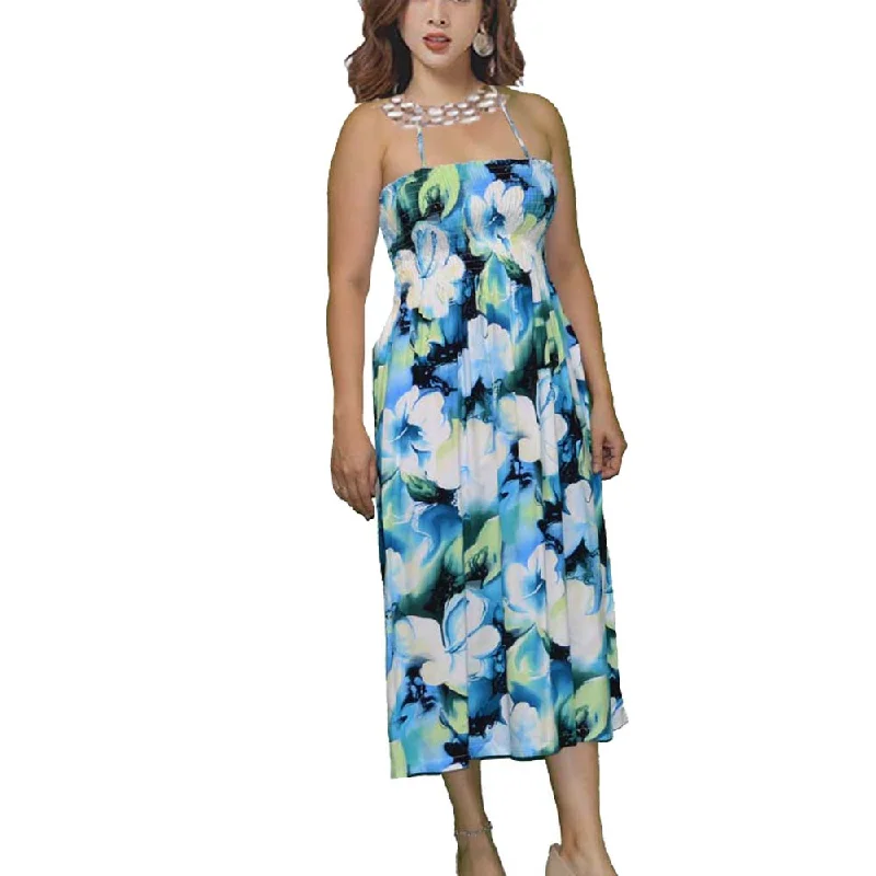 Watercolor Hibiscus Blue Smocked Hawaiian Dress