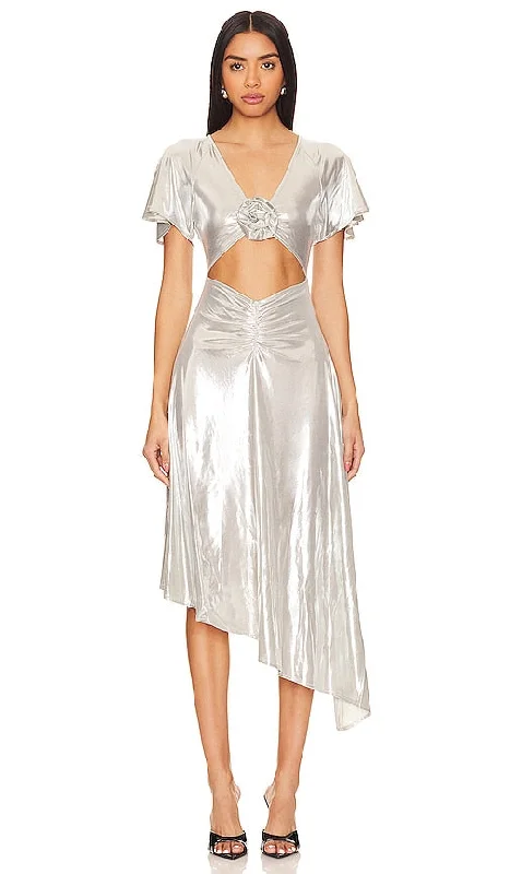 WeWoreWhat Asymmetrical Cutout Foil Dress in Metallic Silver