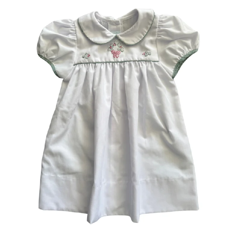 White and Green Check Dress with Embroidered Wreath