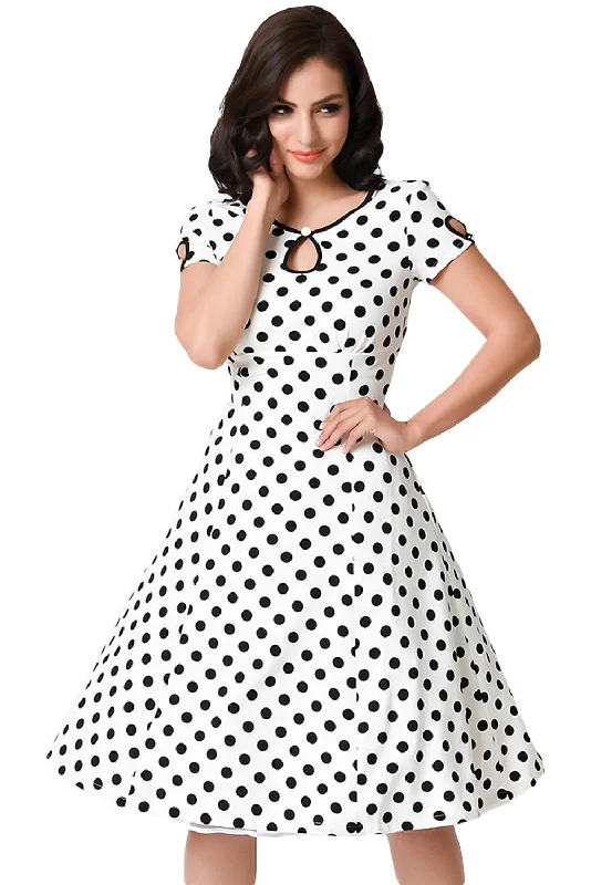 White & Black Dotted Cap Sleeve Swing Dress