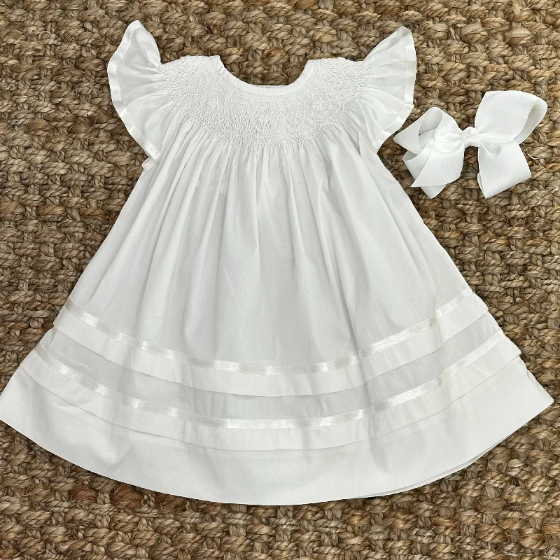 Smocked Heirloom Flutter Sleeve Dress - White with White Smocking