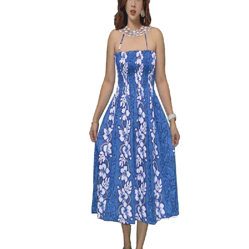 White Hibiscus Panel Navyblue Tube Top Hawaiian Dress