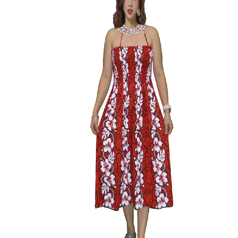 White Hibiscus Panel Red Tube Top Hawaiian Dress