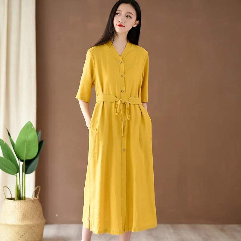 Women Cotton Linen Solid Color Vintage Casual Dress