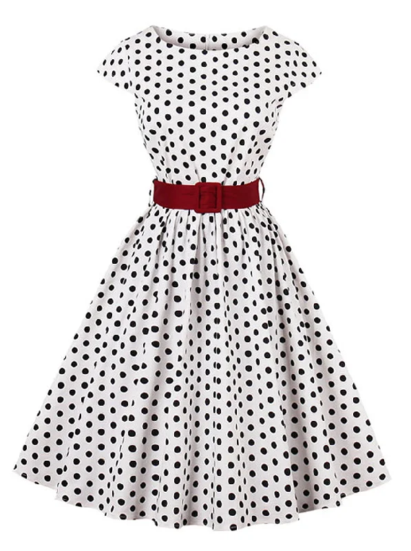 Women's Vintage Cap Sleeve Round Collar Dot Print Dress with Belt