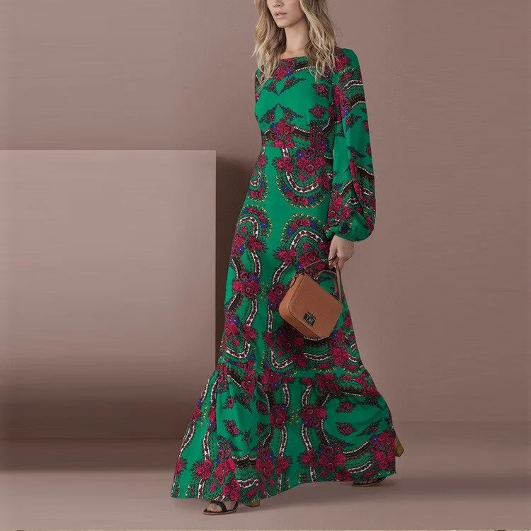 Women Vintage A-Line Print Empire Round-collar Lantern-sleeve Causal Dress