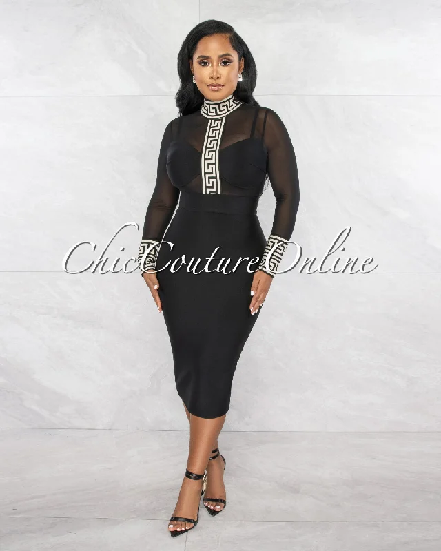 Yahor Black Cream Fret Print Bandage Mesh Accent Dress